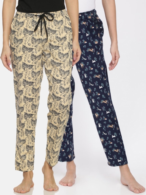 Bene Kleed Women Pack Of 2 Printed Anti-Microbial Pure Cotton Lounge Pants, Navy blue
