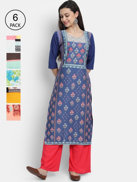 

Ethnic basket Women Pack Of 6 Printed Crepe Kurtas, Multi