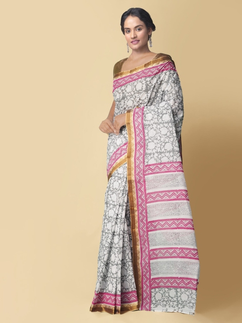 

Unnati Silks Grey & Pink Pure Cotton Printed Block Print Sustainable Saree