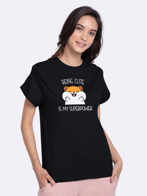 

Bewakoof Women Black Pure Cotton Printed Pure Cotton T-shirt