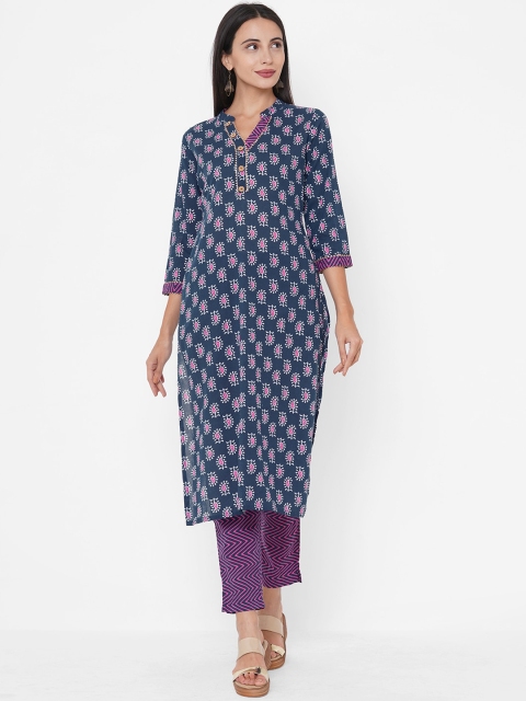 

FASHOR Women Navy Blue & Purple Ethnic Motifs Printed Regular A-Line Pure Cotton Kurta
