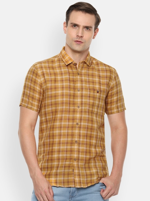 

Louis Philippe Jeans Men Mustard Yellow & Maroon Slim Fit Checked Casual Shirt