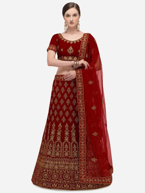 

Netram Red & Gold-Toned Embroidered Semi-Stitched Lehenga & Unstitched Blouse with Dupatta