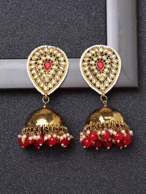 

Ibtida Red Gold-Plated Stone Studded & Beaded HAndcrafted Dome Shaped Jhumkas