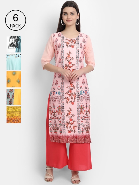 

Ethnic basket Women Pack of 6 Ethnic Motifs Printed Crepe Kurta, Peach