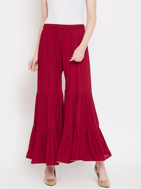 

Castle Women Maroon Solid Tiered Flared Palazzos
