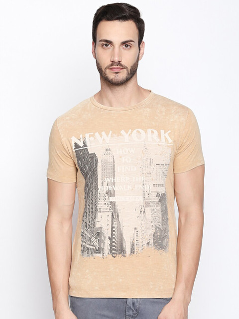 

Rex Straut Jeans Men Beige Printed Slim Fit Pure Cotton T-shirt