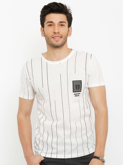 

Rex Straut Jeans Men White Striped Applique Slim Fit Cotton Pure Cotton T-shirt
