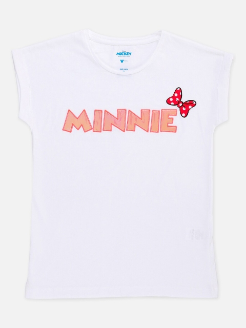 

Kids Ville Girls White & Peach-Coloured Minnie Detail V-Neck Cotton T-shirt