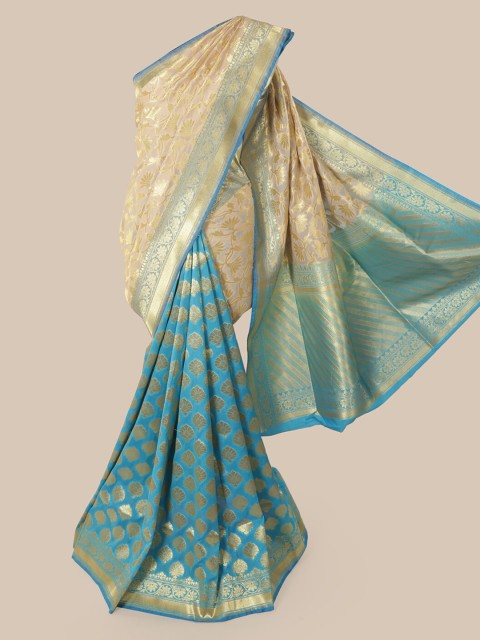 

Pothys Cream-Coloured & Blue Pure Silk Woven Design Banarasi Saree