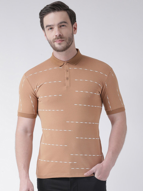

Rex Straut Jeans Men Camel Brown Striped Polo Collar Slim Fit T-shirt
