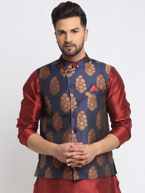 

NEUDIS Men Navy Blue & Gold-Coloured Woven-Design Jacquard Silk Satin Nehru Jacket