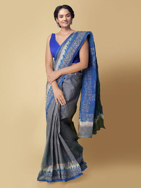 

Unnati Silks Grey & Blue Pure Cotton Solid Kota Sustainable Saree