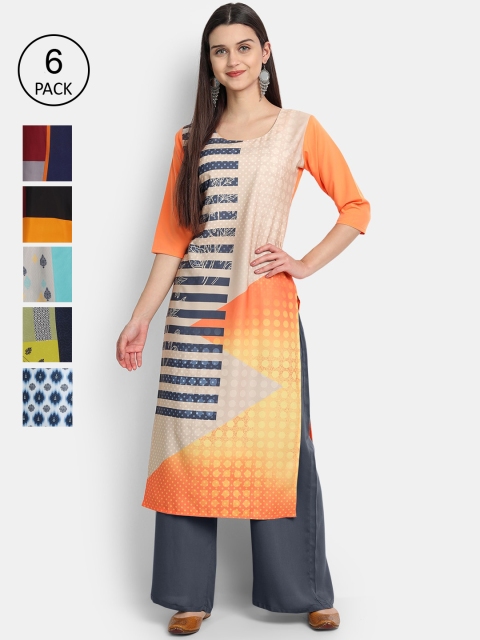 

Ethnic basket Women Pack Of 6 Printed Crepe Kurtas, Multi