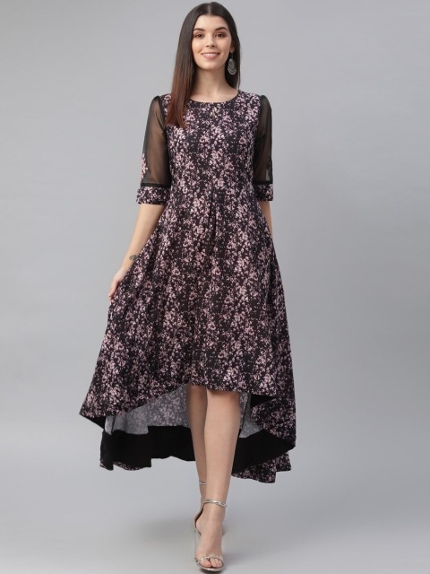 

nesara Black & Pink Floral High-low A-Line Midi Dress