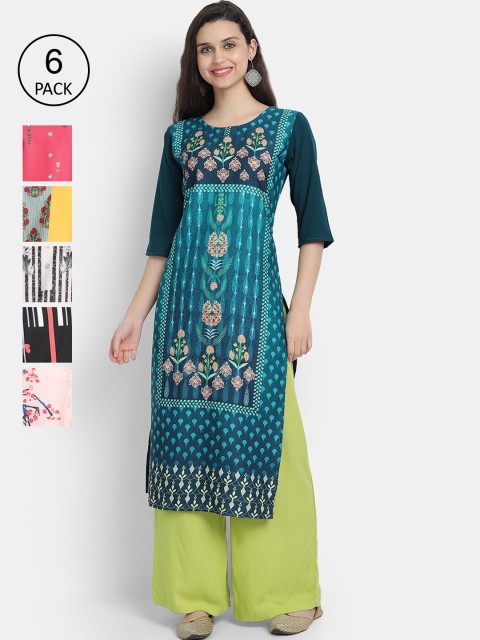 

Ethnic basket Women Set of 6 Multicoloured Floral Printed Crepe Kurta, Multi