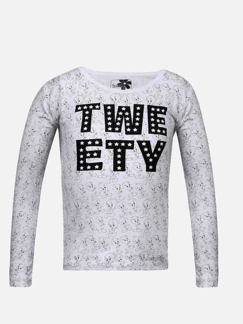 

Kids Ville Girls White & Black Tweety Print Round Neck Cotton T-shirt