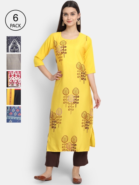 

Ethnic basket Women Pack Of 6 Printed Crepe Kurta, Yellow