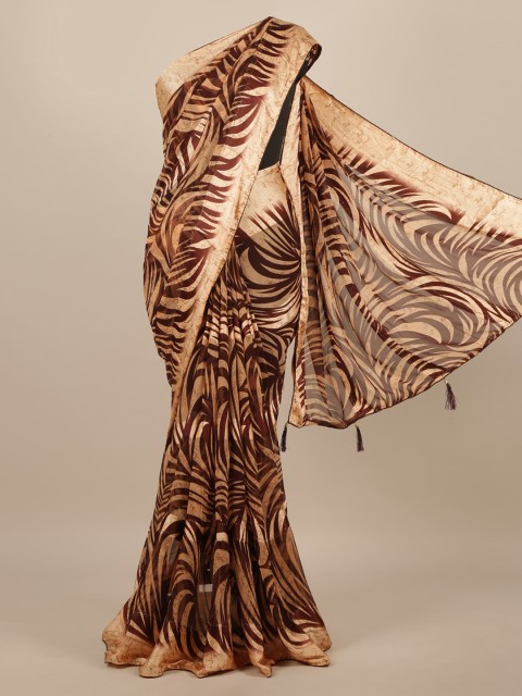 

Pothys Peach-Coloured & Brown Poly Chiffon Printed Saree