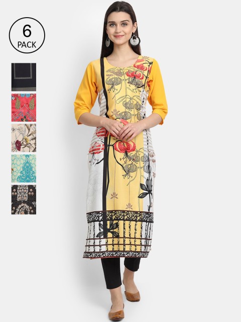 

Ethnic basket Women Pack Of 6 Printed Crepe Kurtas, Multi