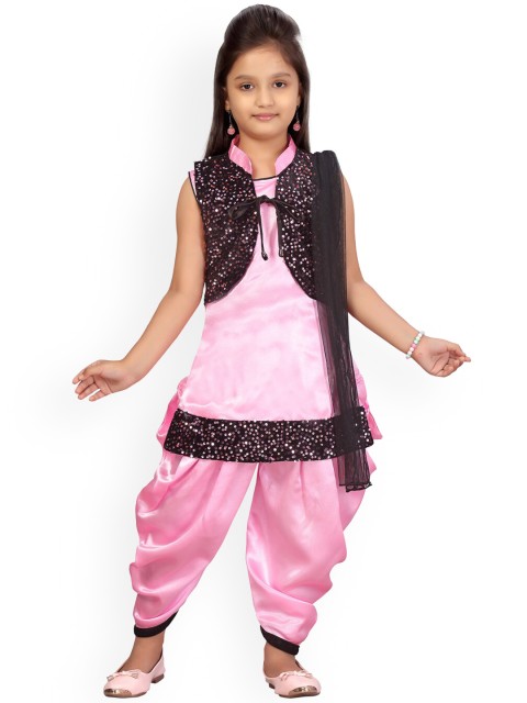 

Aarika Girls Pink & Black Colourblocked Pure Silk Kurta with Dhoti Pants & Dupatta