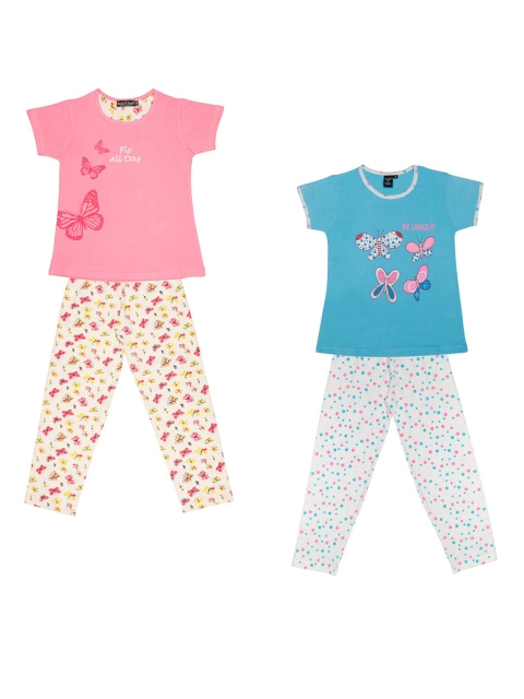 

Todd N Teen Girls Pink Graphic Cotton Printed Tshirt with Pyjama Combo of 2 sets