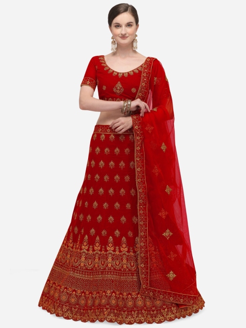 

Netram Red & Gold-Toned Embroidered Semi-Stitched Lehenga & Unstitched Blouse with Dupatta