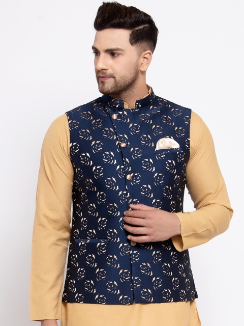 

MAXENCE Men Navy Blue & Beige Printed Woven Slim-Fit Cotton Nehru Jacket