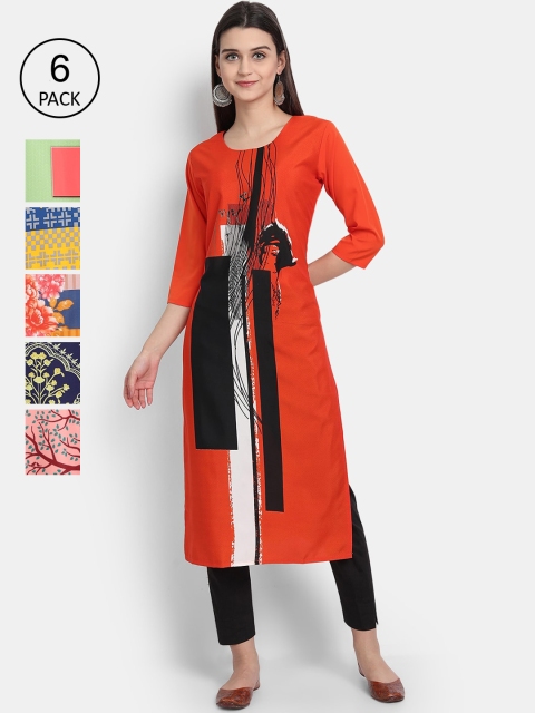 

Ethnic basket Women Pack Of 6 Printed Crepe Kurtas, Multi