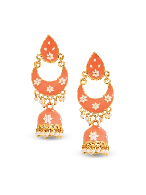 

Mahi Peach Coloured Gold-Plated Beaded Meenakari Dome Shaped Jhumkas