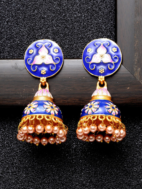 

Ibtida Blue Gold Plated Beaded Handcrafted Enamelled Jhumkas