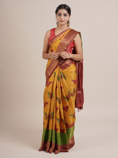

Pothys Mustard Yellow & Red Jute Silk Printed Saree