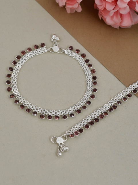 

Silvermerc Designs Set of 2 Silver-Plated Brown Stone-Studded Layered Payal Anklets