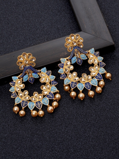 

Ibtida Blue & Gold-Plated Studded & Beaded Enamelled Drop Earrings