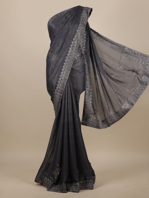 

Pothys Grey Striped Poly Chiffon Saree With Embellished Border