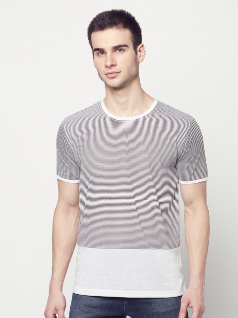 

ELEGANCE Men White & Navy Blue Striped T-shirt