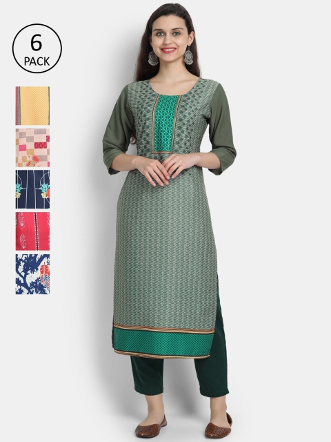 

Ethnic basket Women Pack Of 6 Printed Crepe Kurtas, Multi