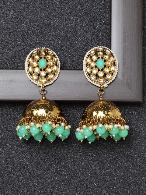 

Ibtida Sea Green Gold-Plated Stone Studded & Beaded Handcrafted Dome Shaped Jhumkas