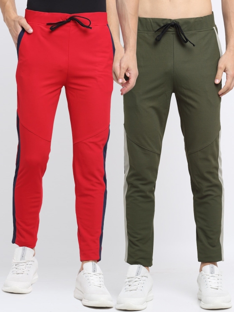 

NEUDIS Men Pack of 2 Red & Olive Green Solid Structured Slim-Fit Track Pants