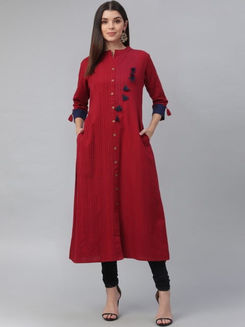 

nesara Women Red Solid A-Line Mandarin Collar A-Line Kurta, Maroon