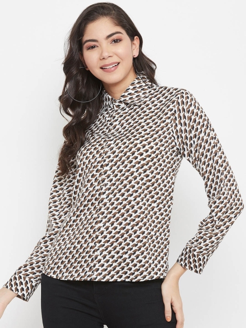 

SECRETS BY ZEROKAATA Beige & Brown Geometric Georgette Shirt Style Top
