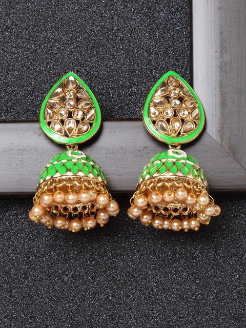 

Ibtida Green Gold-Plated Stone-Studded & Beaded Enamelled Handcrafted Jhumkas