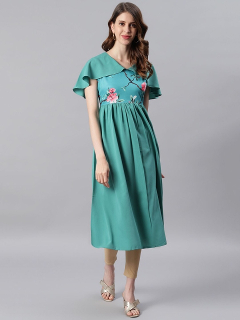 

Janasya Women Green & Pink Floral Yoke Design Crepe Kurta