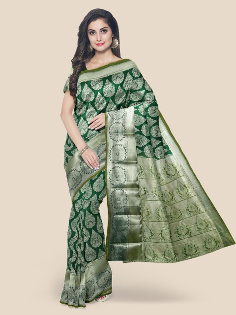 

Kalamandir Green & Silver-Toned Silk Blend Woven Design Kanjeevaram Saree