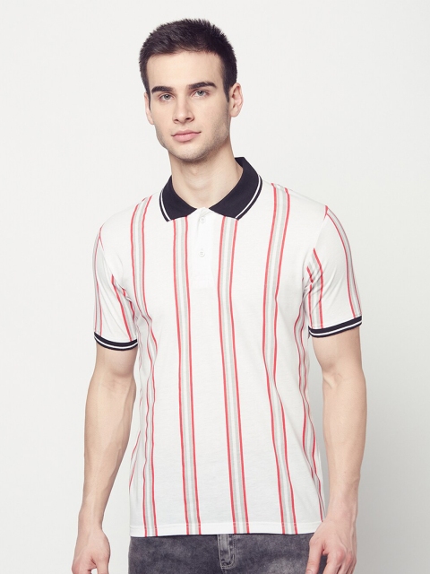 

ELEGANCE Men Off White & Grey Striped Polo Collar T-shirt