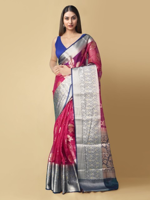 

Unnati Silks Pink & Silver-Coloured Silk Cotton Woven Design Handloom Banarasi Sustainable Saree