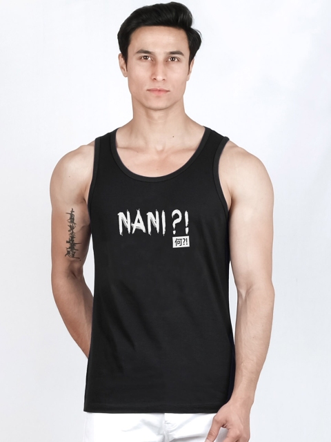 

ComicSense.xyz Men Black & White Nani Anime Printed Pure Cotton Tank Top Vest