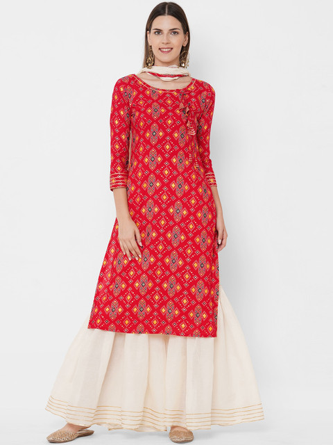 

FASHOR Women Red & Off White Bandhani Printed A-Line Kurta with Sharara & With Dupatta