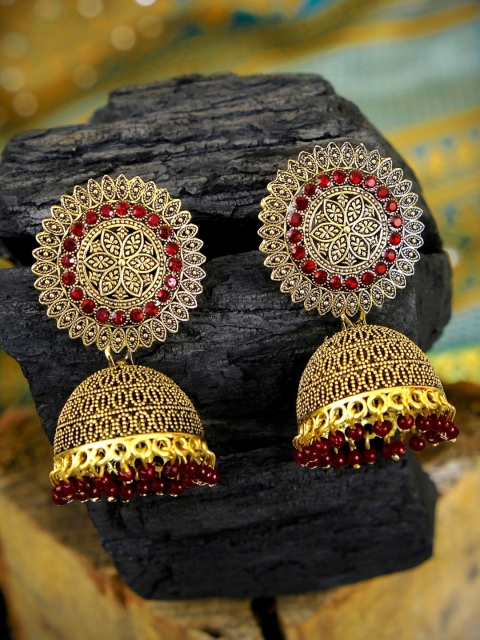 

Crunchy Fashion Maroon Antique Gold-Plated Stone Studded & Beaded Dome Shaped Jhumkas