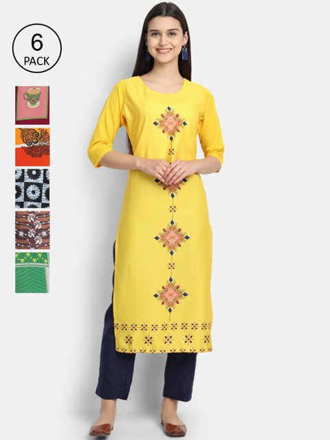 

Ethnic basket Women Pack Of 6 Multicoloured Floral Printed Crepe Kurtas, Multi